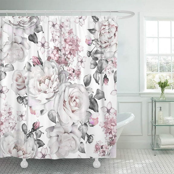 PKNMT Gray Flowers Leaves on White Watercolor Floral Pattern Rose Peonies Bathroom Shower Curtain 66x72 inch