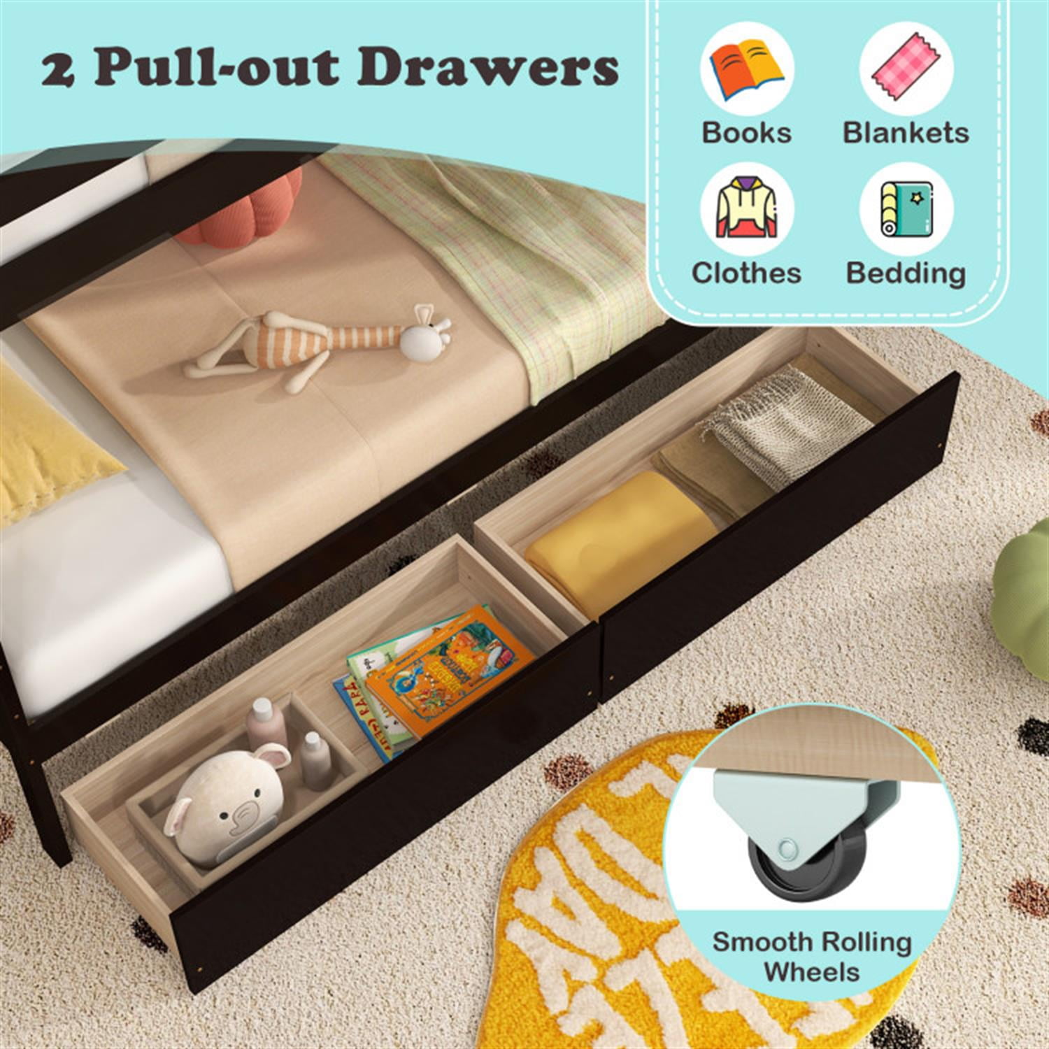 Demi Bonn Twin Over Twin Bunk Bed with Storage Stairs and Drawers, Solid Wood Bunkbeds Frame for Bedroom, No Box Spring Needed, Brown