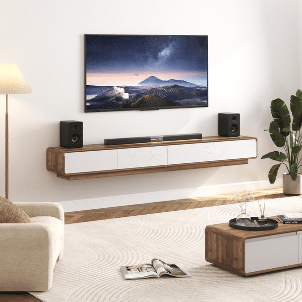 Blotout 94.5''Minimalist Floating TV Stand, Modern Wall-Mounted Media Console with 4 Drawers for Wall-mounted TV Up to 110'', Walnut & White