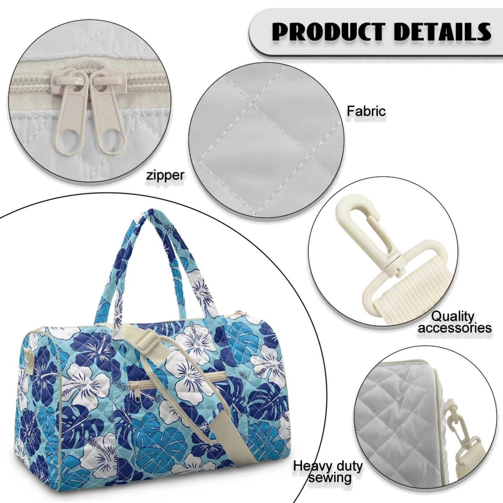 Garronmavis Blue Floral Print Quilted Duffle Bag for Women, Large Weekender Overnight Gym Bag with Luggage Sleeve, Carry On Travel Bag for Airplane Trips