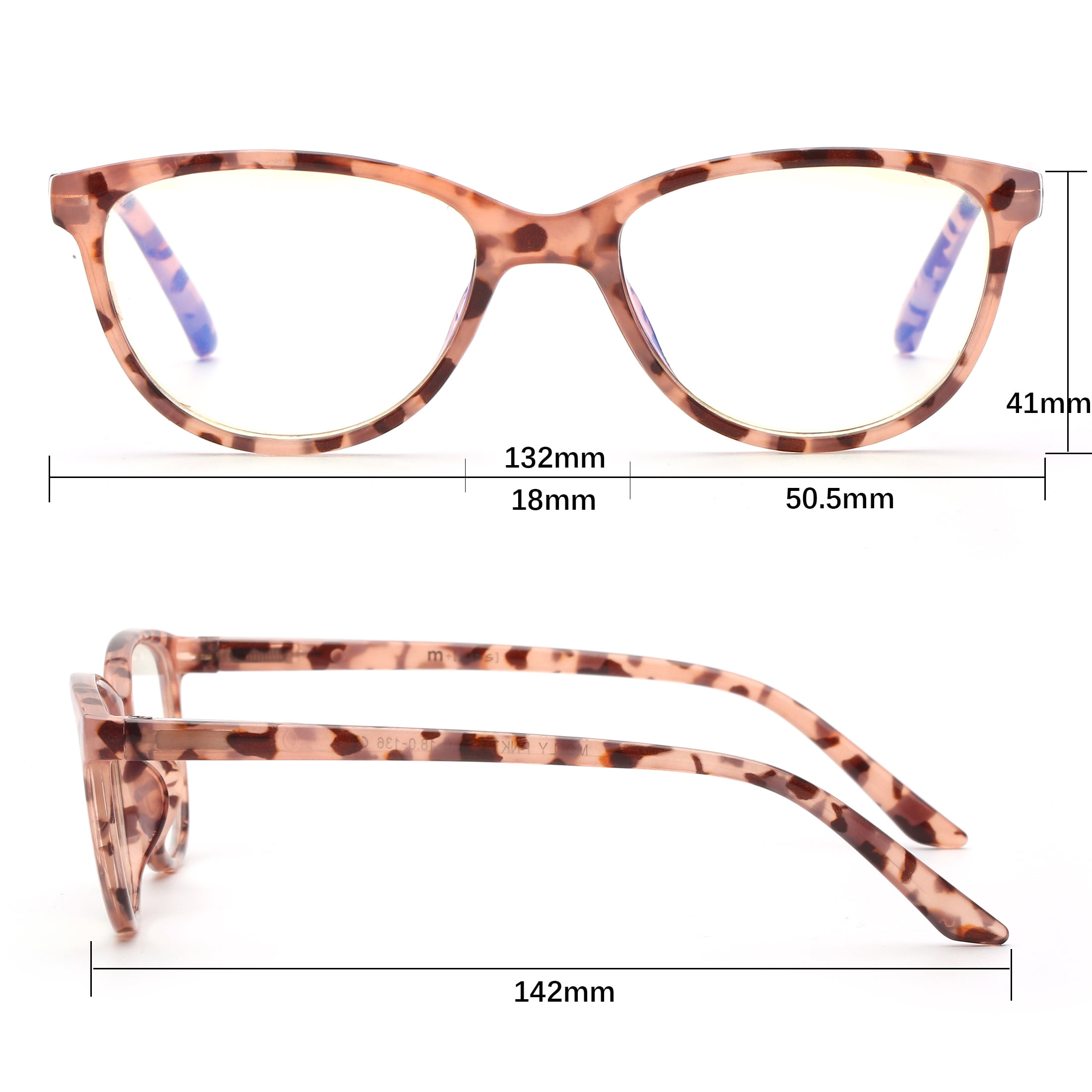 M+ Plano Blue Light Lens Injection Girls Frames, Molly, Pink Tortoise, 50.5-18.0-136, with Case