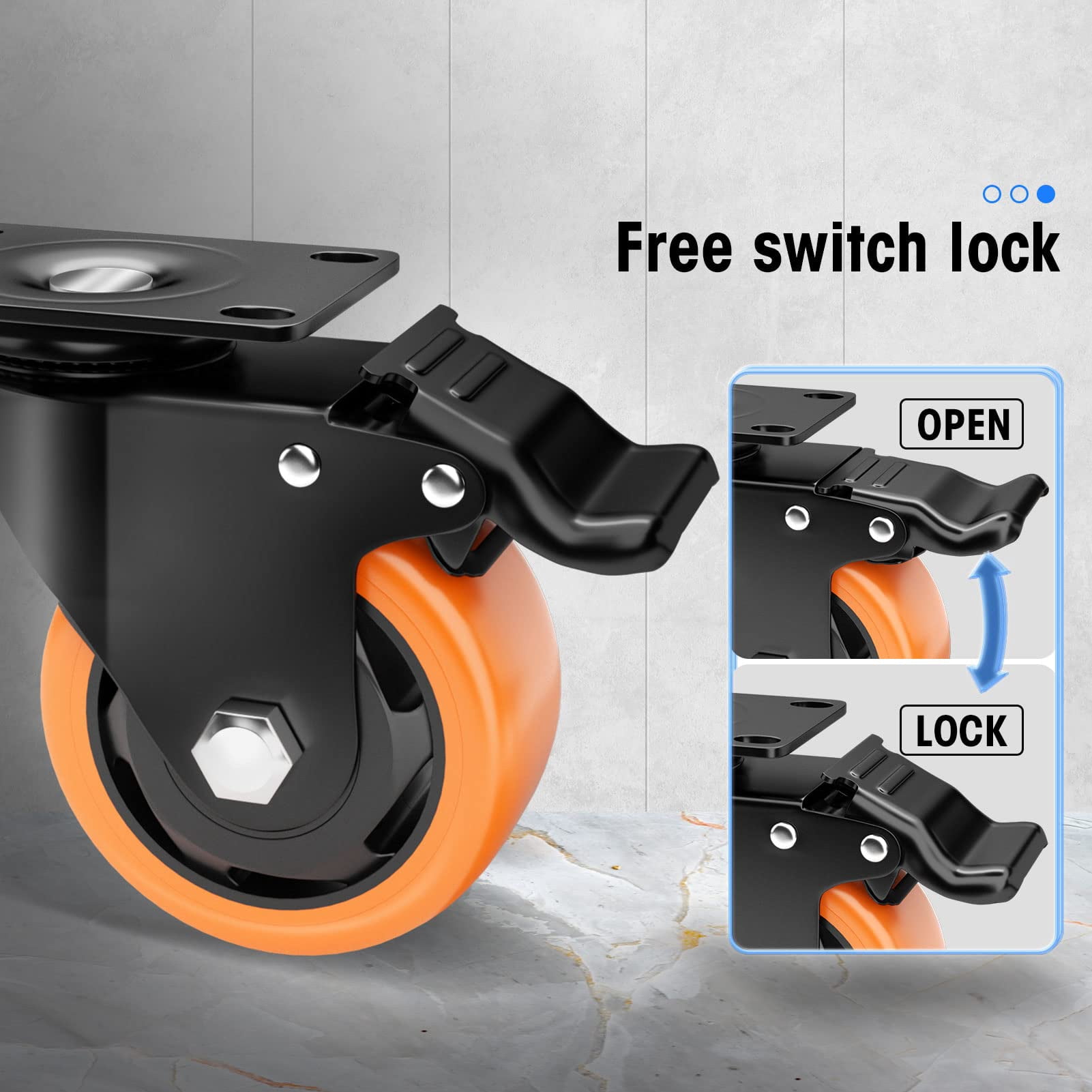 Caster Wheels - 3 Inch Casters Set of 4 Heavy Duty - ASHGOOB Orange Polyurethane Castors, Top Plate Swivel Wheels, 4-Pack Industrial Casters with Brake, Locking Casters for Furniture and Workbench
