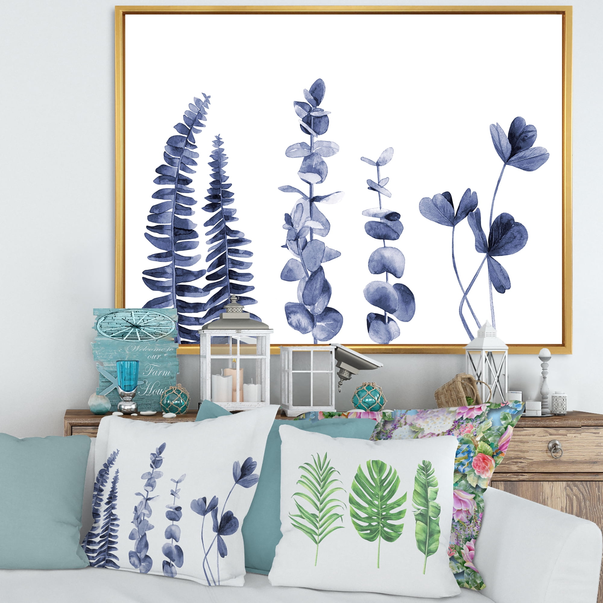 Designart 'Navy Blue Eucalyptus On White I' Traditional Framed Canvas Wall Art Print