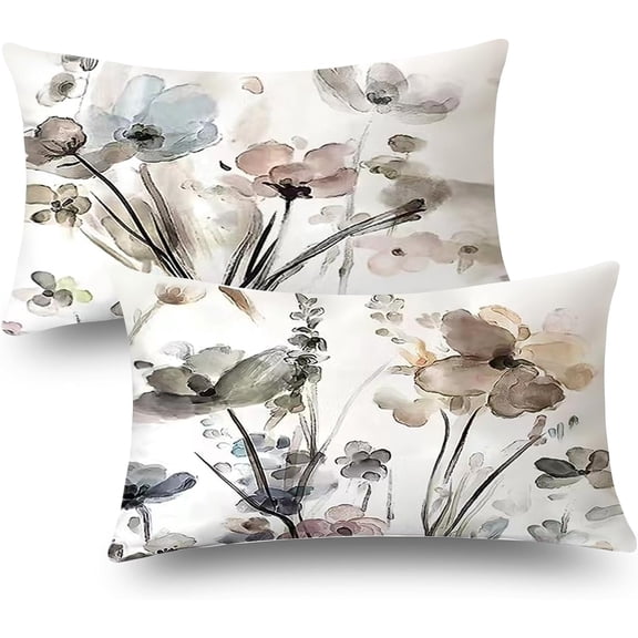 Flower Throw Pillow Covers 12x20, Watercolor Teal Brown Cream Grey Floral Pillow Cushion Cases, Abstract Modern Pillowcases Home Decor for Sofa Couch Living Room Bedroom Car, Set of 2