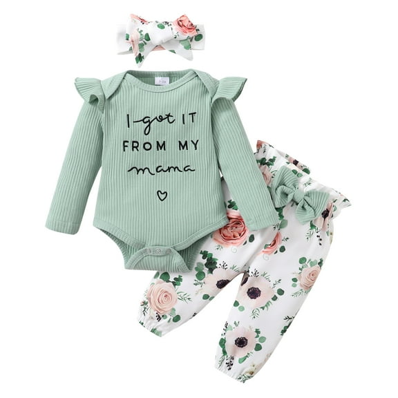 Kucnuzki Newborn Baby Girls Outfit Sets Ruffle Long Sleeves Romper Tops   Bowknot Floral Pants   Headband 3pcs Fall Green 0-3 Months
