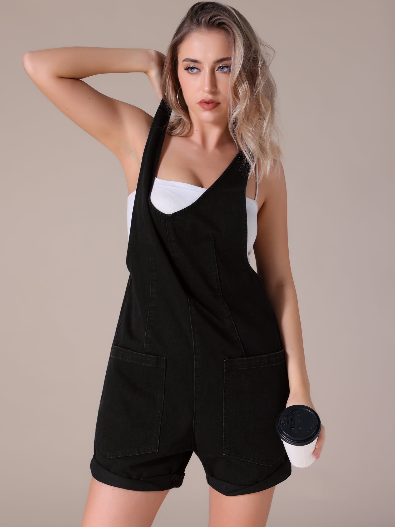 DARING DIVA Women's Denim Sleeveless Casual Loose Romper with Pockets S Black