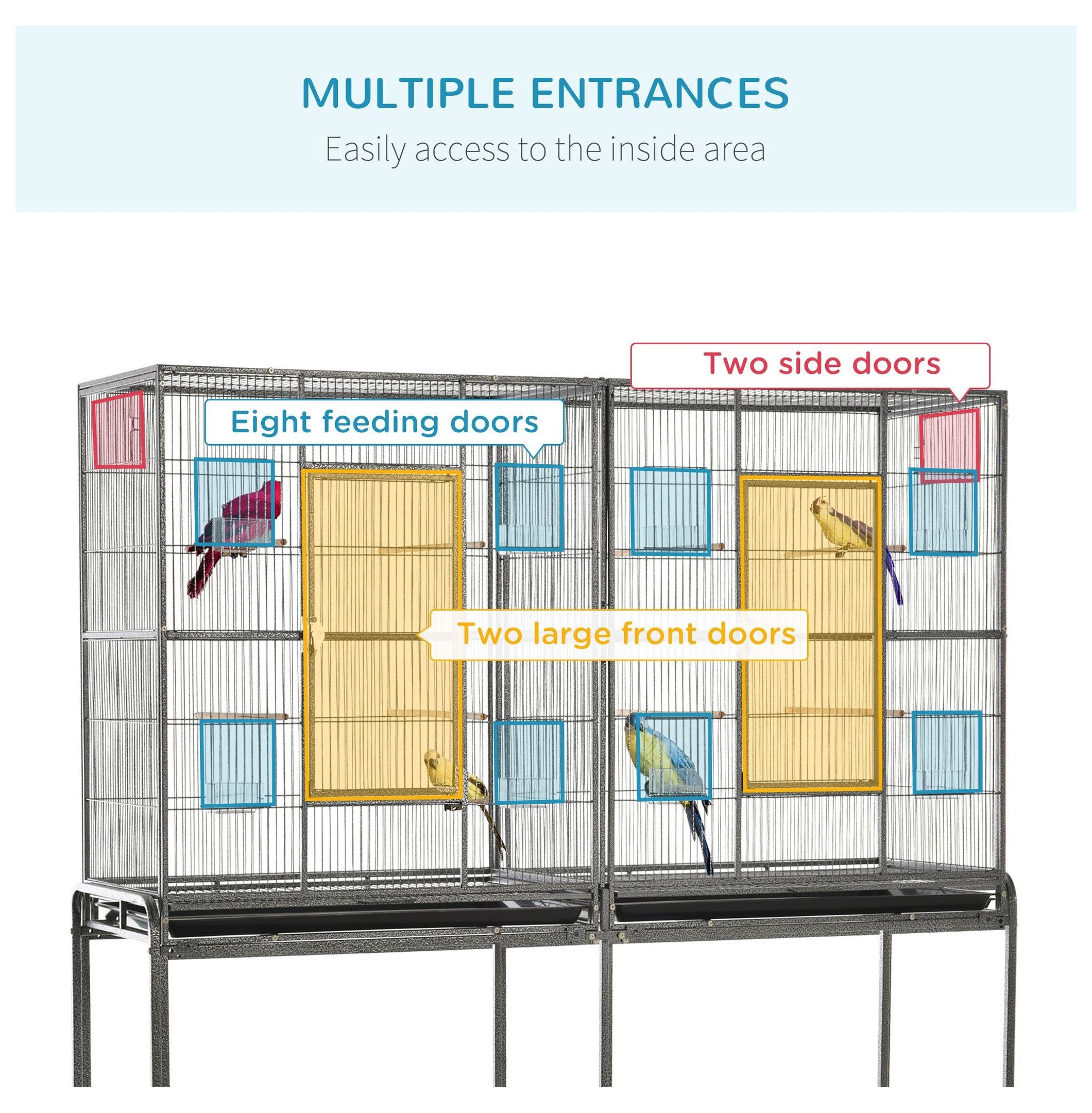 65" Large Rolling Bird Cage, Metal Bird House with Stand - Indoor Parrot Cockatiel Bird Cages for Small Medium Birds, Detachable Cage w/Wheels