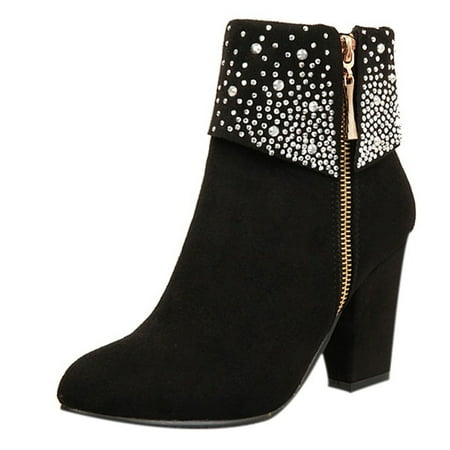 

Ankle Boots for Women Women Square Heels Round Toe Comfortable Zipper Pumps Casual Shoes Short Boots Flock heeled sandals Black