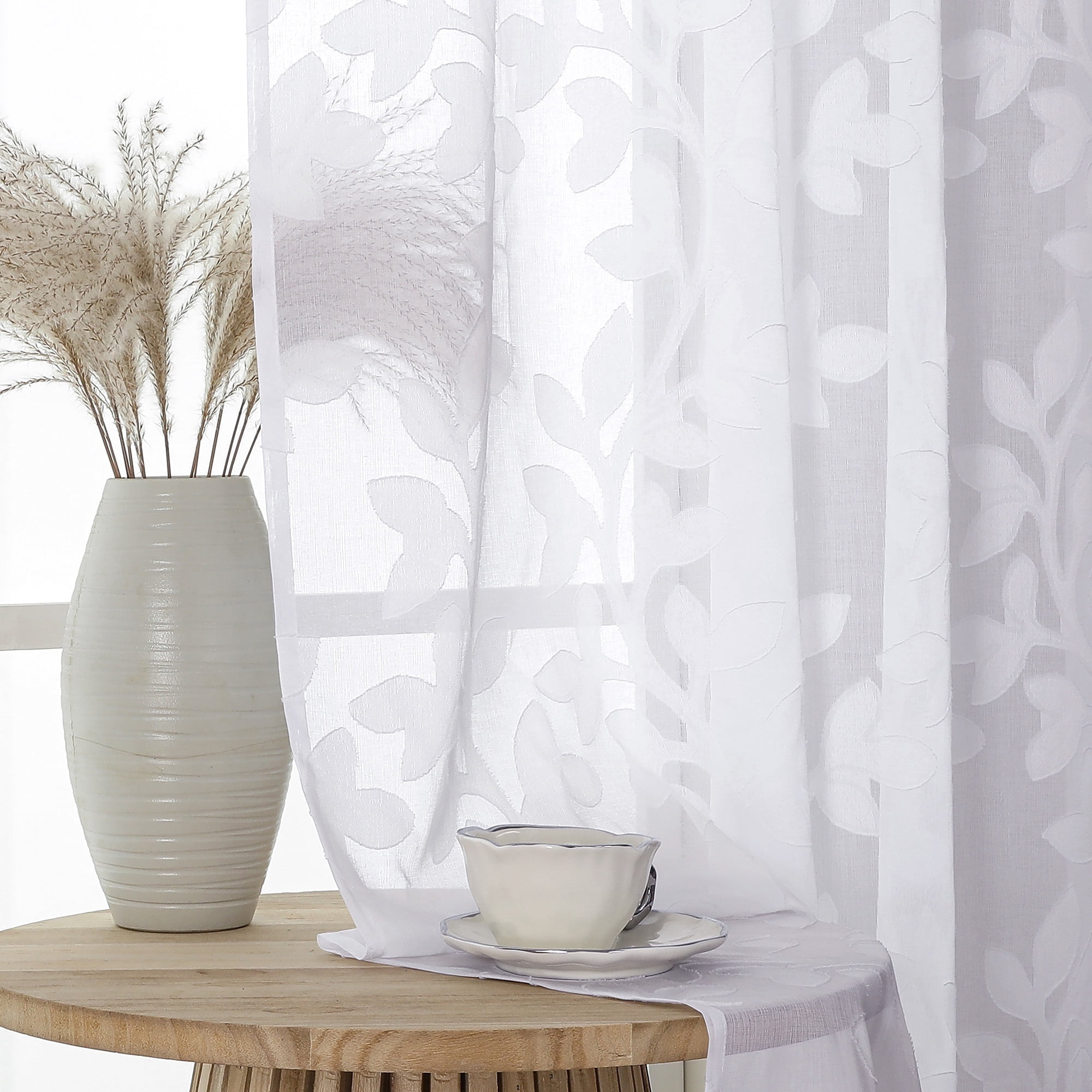 OVZME Darla White Sheer Curtains 84 Inches Long 2 Panels, Light Filtering Solid 3D Leaf Textured Jacquard Window Curtains & Drapes with Top Rod Pocket for Bedroom Living Room, Each 42Wx84L Inch