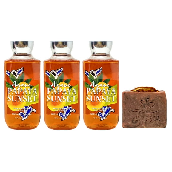 Bath & Body Works Agave Papaya 3 Piece Shower Gel Value Pack with a Marbela Orange Ginger Bar Soap - Full Size