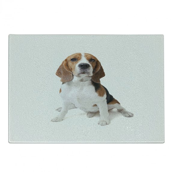 Beagle Cutting Board, Beagle Dog Posing Loving Puppy Furry Friend Companion Domestic Animal, Decorative Tempered Glass Cutting and Serving Board, Small Size, Cinnamon Black White, by Ambesonne