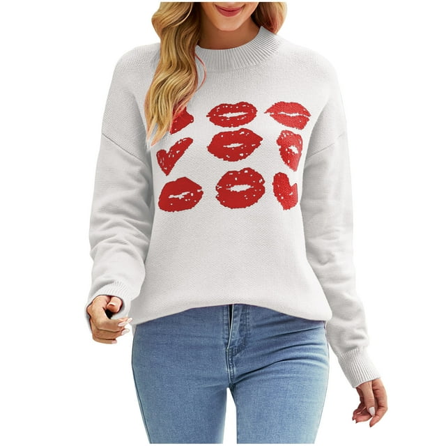 CEHVOM Chandail Tricoté à Manches Longues et Col Rond pour Femmes, Mode Décontractée, Couleur Unie, Impression de la Saint-Valentin, Liquidation