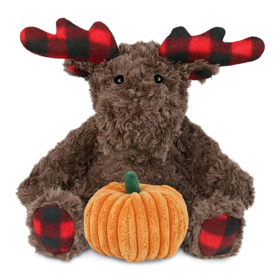 DolliBu Super Soft Plaid Curly Moose Stuffed Animal with Pumpkin Decor - Pumpkin Plush Animal for Fall, Halloween and Thanksgiving, Pumpkin Toy for Baby, Kids, Adults - 10 Inches