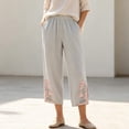 thumbnail image 6 of Utoimkio Women's Cropped Pants Linen Elastic Waist Floral Embroidery Capri Trousers with Side Pockets for Summer Beach Daily Walk, 6 of 9