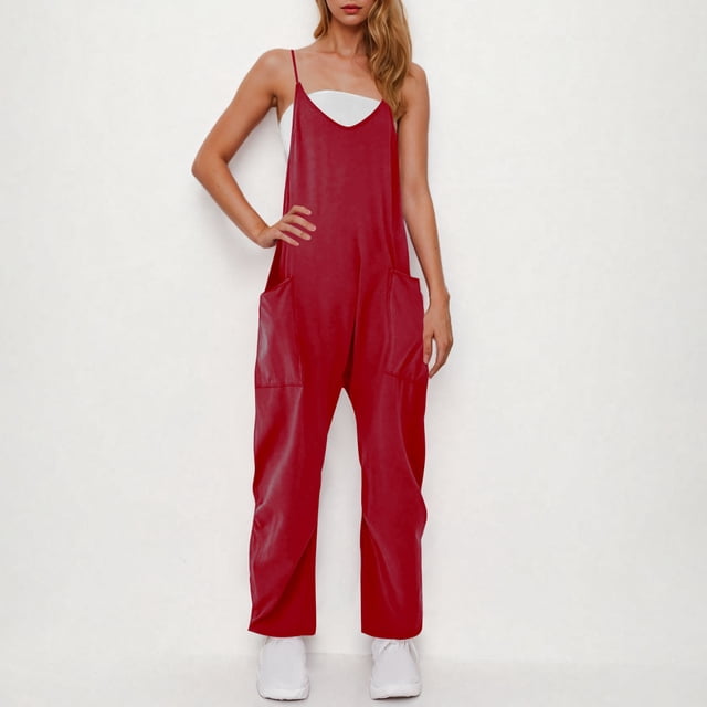 UPPADA Combinaisons pour Femmes Décontractées Amples Combinaisons Couleur Unie Col en V Sans Manches Combinaisons Bretelles Spaghetti Réglables Salopettes Pantalons Longs Combinaison avec Poches Économies Vin,m