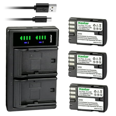 Kastar 3-Pack D-Li90 Battery and LTD2 USB Charger Replacement for Pentax 645D, 645Z, 645Z IR, K-01 K01, K-1, K-1 Limited Silver, K-3, K-3 II, K-3 Mark III, K-5 K5, K-5 II, K-5 IIs, K-7 K7 Camera