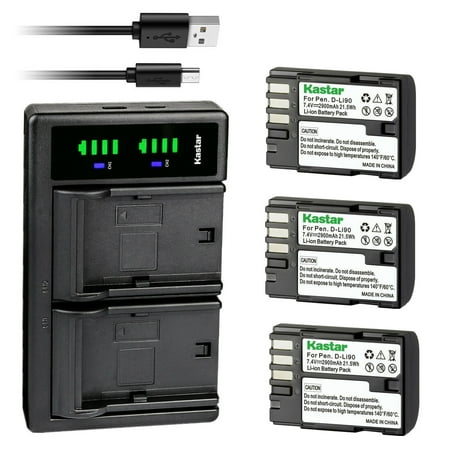 Kastar 3-Pack D-Li90 Battery and LTD2 USB Charger Replacement for Pentax 645D  645Z  645Z IR  K-01 K01  K-1  K-1 Limited Silver  K-3  K-3 II  K-3 Mark III  K-5 K5  K-5 II  K-5 IIs  K-7 K7 Camera