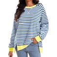 thumbnail image 1 of Sudadera de Rayas para Mujer ATHLECHIC Ajuste Holgado de Manga Larga Cuello Redondo Top L Azul Blanco, 1 of 4