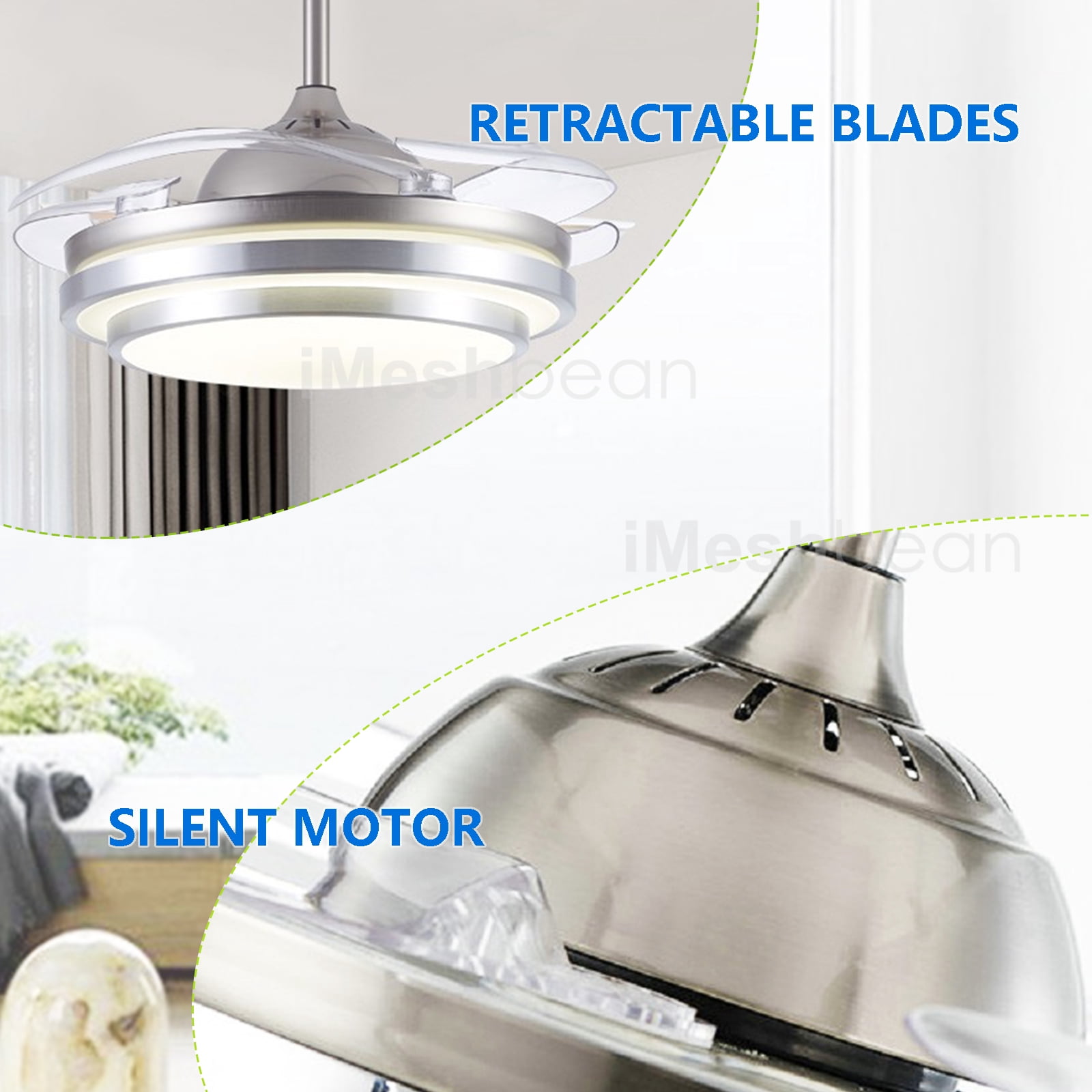 iMeshbean 42" LED Chandelier Invisible Ceiling Fan Light Ceiling Lamp Retractable w/Remote Control, 3 Light Color Changing