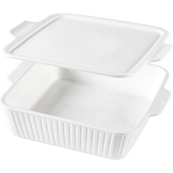 10'' Square Baking Dish, Ceramic Baking Dish, Baking Pan with Handles, Lasagna Pan Bakeware Oven Safe Baking Dish for Oven, Cake, Kitchen, Microwave, Dishwasher Safe, White