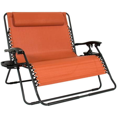 Best Choice Products 2-Person Double Wide Folding Zero Gravity Chair Patio Lounger w/ Cup Holders - Terracotta (Best By Terry Products)
