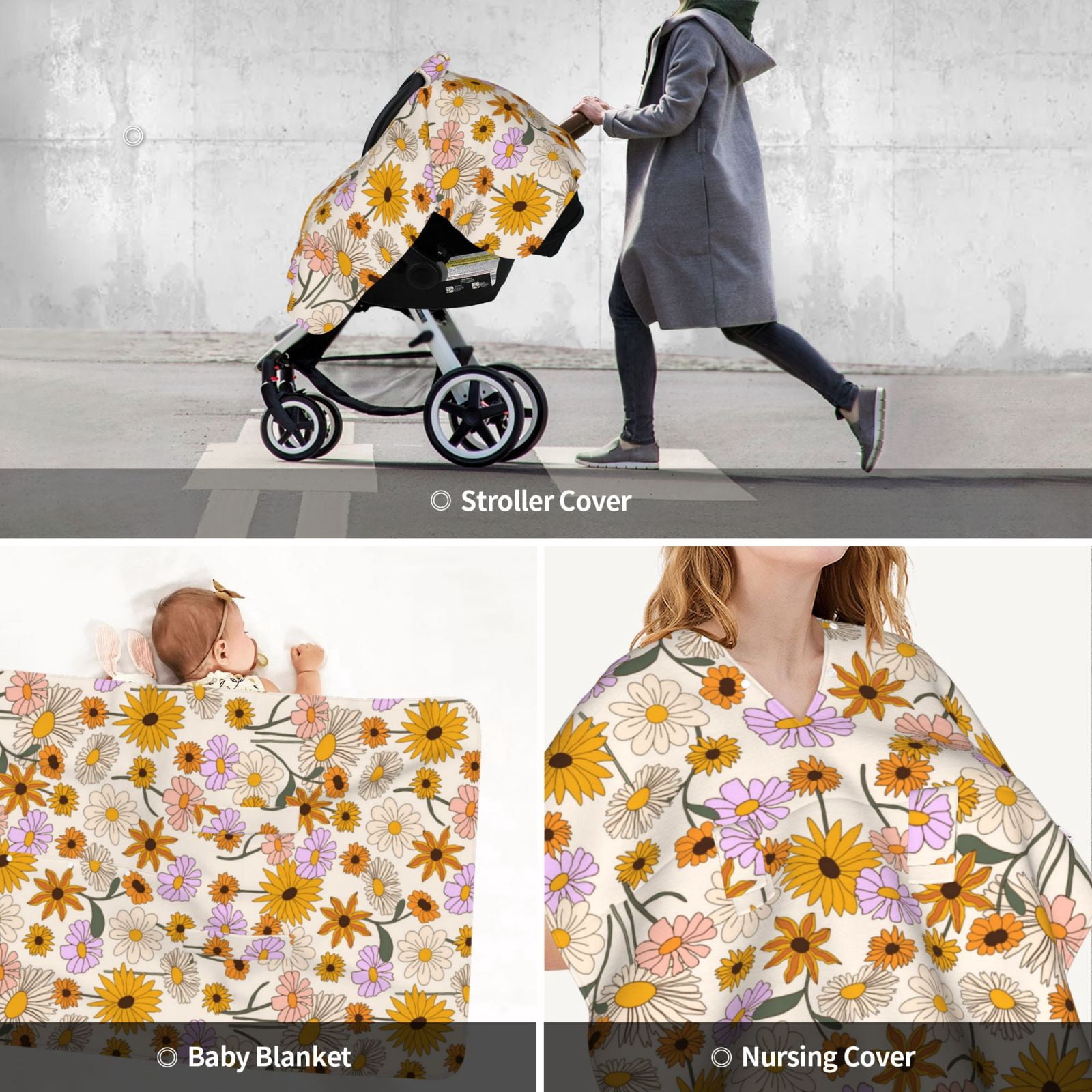 Car Seat Cover Baby - Boho Flowers Breathable Infant Car Seat Cover for Baby Carseat, Lightweight Comfort Baby Essentials Must Haves Newborn Stuff for Girl Boy