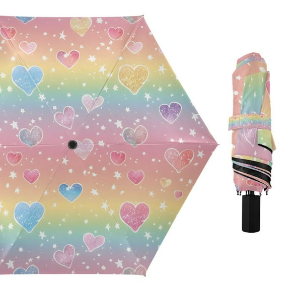 Rainbow Hearts Compact Sun Umbrella Windproof Travel Umbrellas for Rain Strong Portable UV Protection