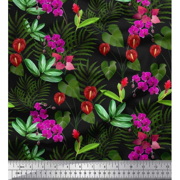 Soimoi Cotton Duck Fabric Leaves,Laceleaf & Orchid Floral Print Fabric by The Yard 42 Inch Wide