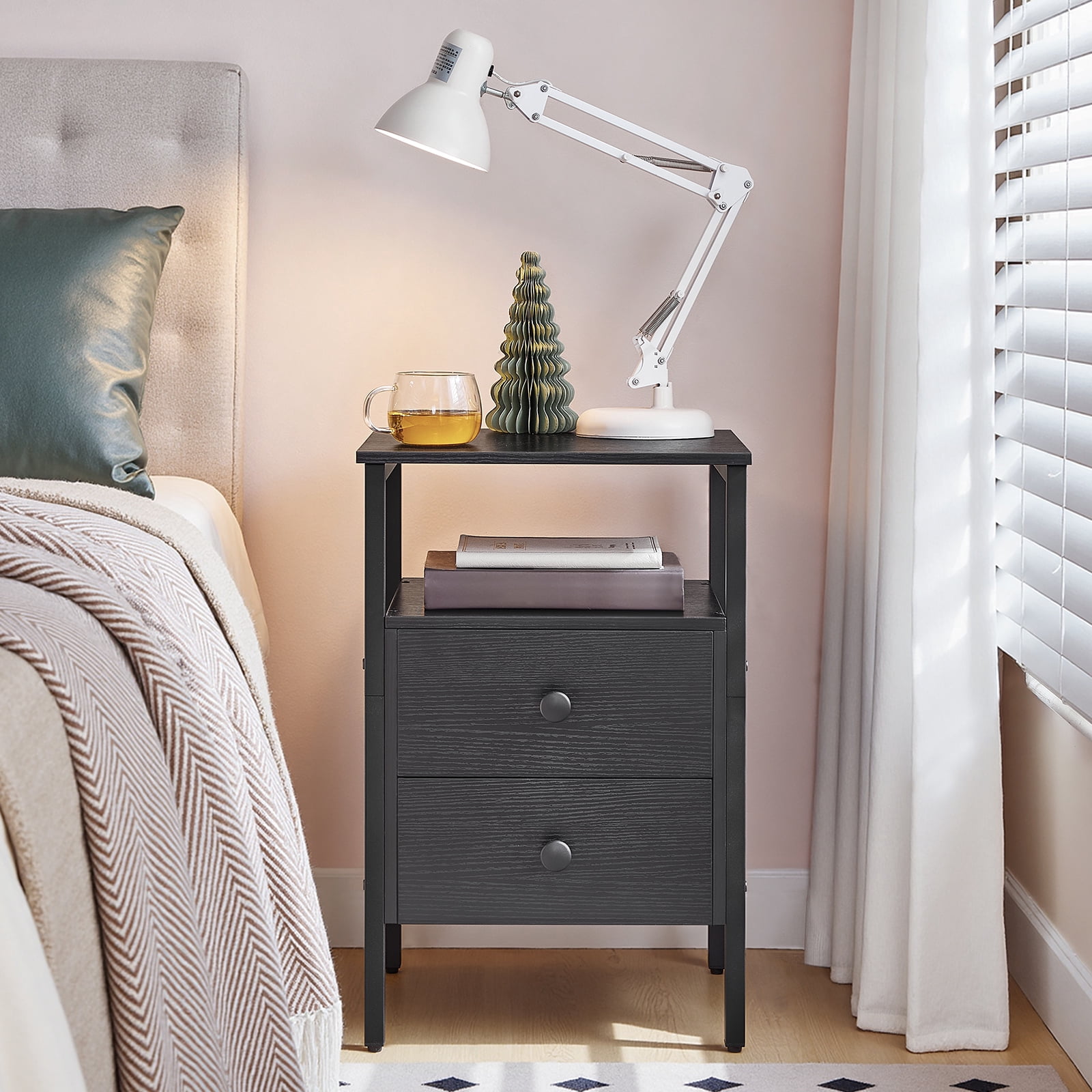 HOOBRO 24'' Tall 2 - Drawer Iron Nightstand with Storage and Built-In Outlets Black BB431BZ01G2