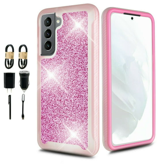 Value Pack ! for Samsung Galaxy S21 FE Sparkle Glitter Bling Full Body Built In Screen Protector Phone Case PU Shock Bumper Scratch Guard Skin Wrap Slim Cover