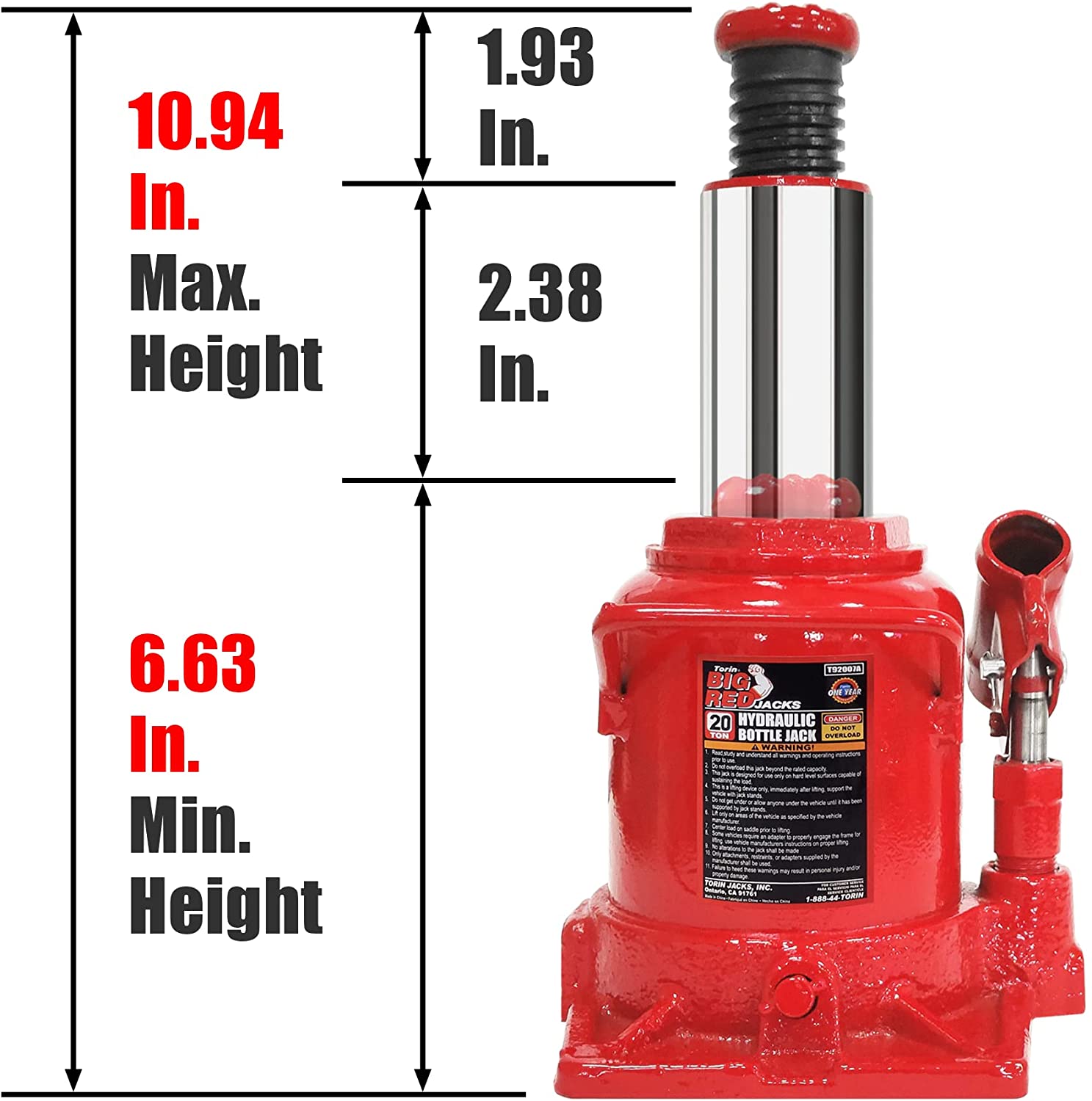 Big Red 20 Ton Low Profile Hydraulic Bottle Jack - AT92007AB - For Auto, Truck, Or House Lifting - Black