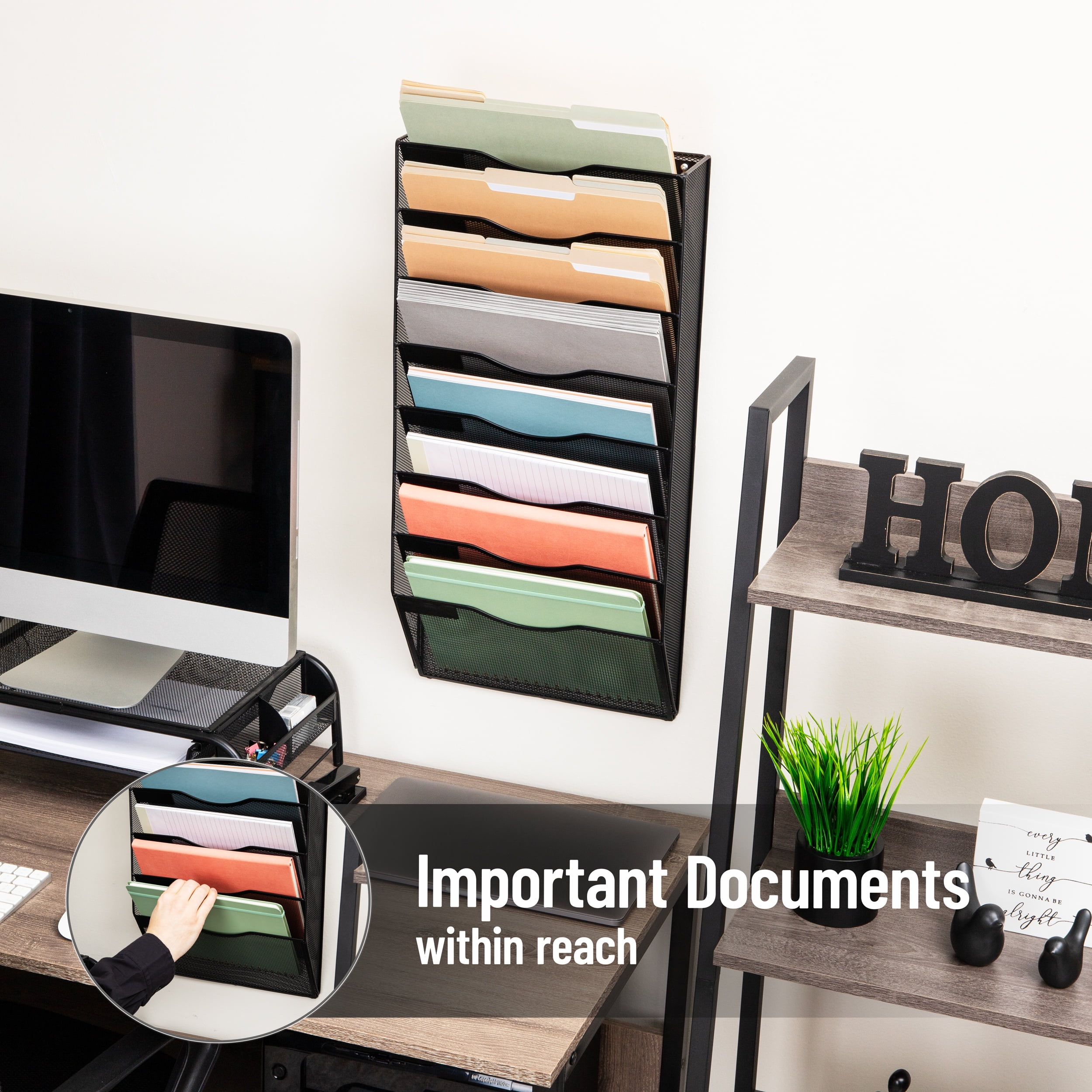 Mind Reader Wall File Organizer, 8 Pocket Hanging Document Rack, Office Wall Mount, Metal Mesh, Black