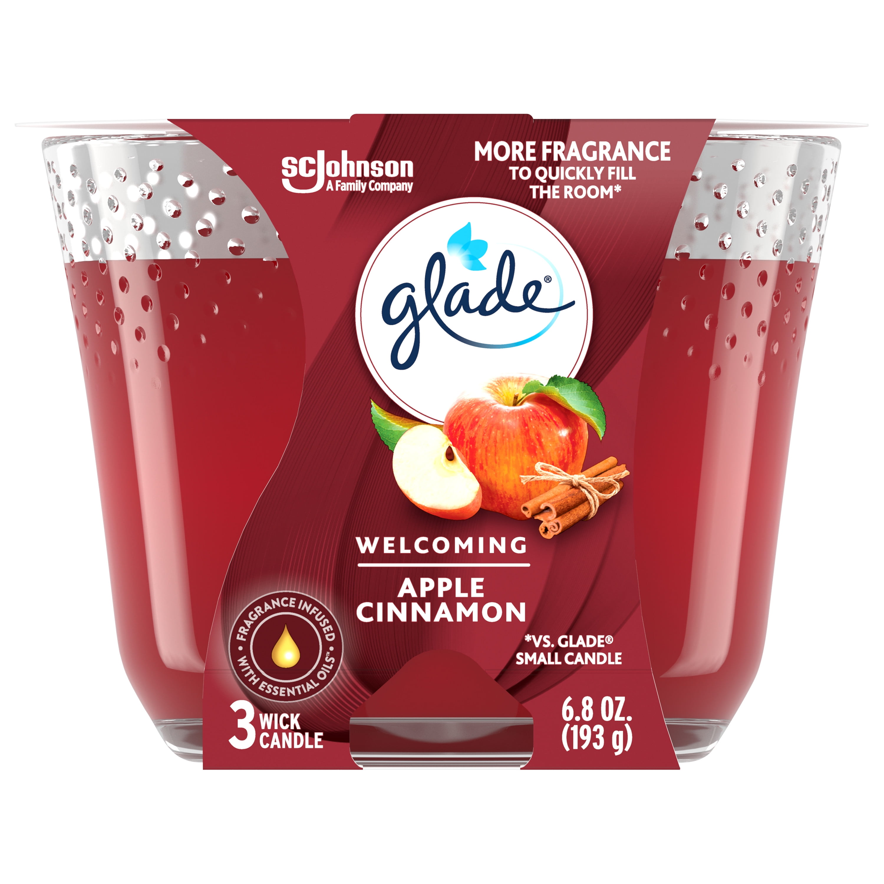 Glade 3 Wick Candle, Apple Cinnamon, Fragrance Candle Infused with Essential Oils, 6.8 oz