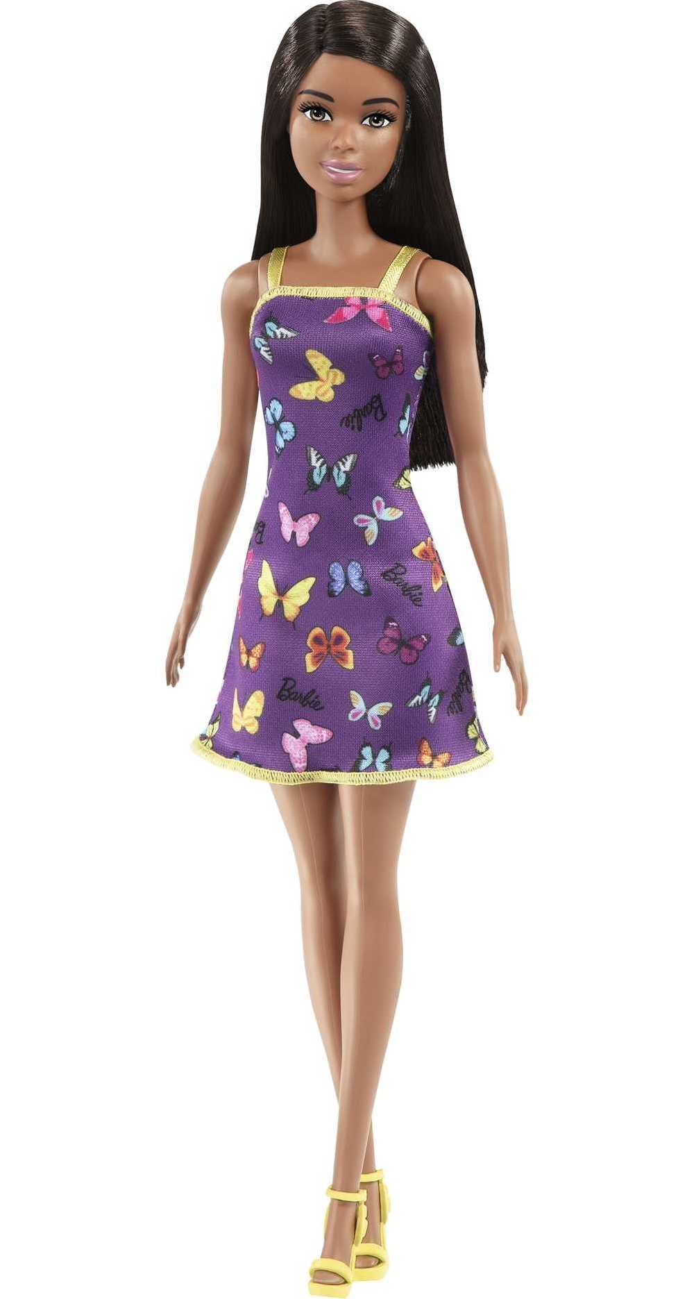 Barbie Fashion Doll with Black Hair Dressed in Colorful Butterfly Print Dress