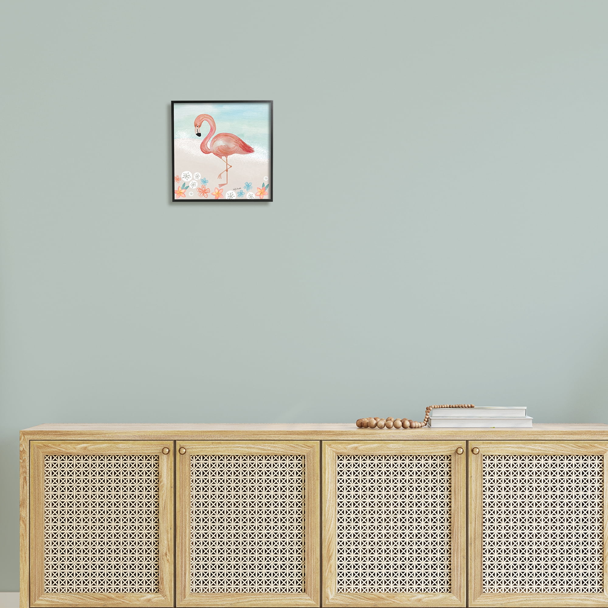 Stupell Industries Flamingo Standing Shoreline Various Sand Dollars Botanicals Painting Black Framed Art Print Wall Art, Design by Katie Doucette