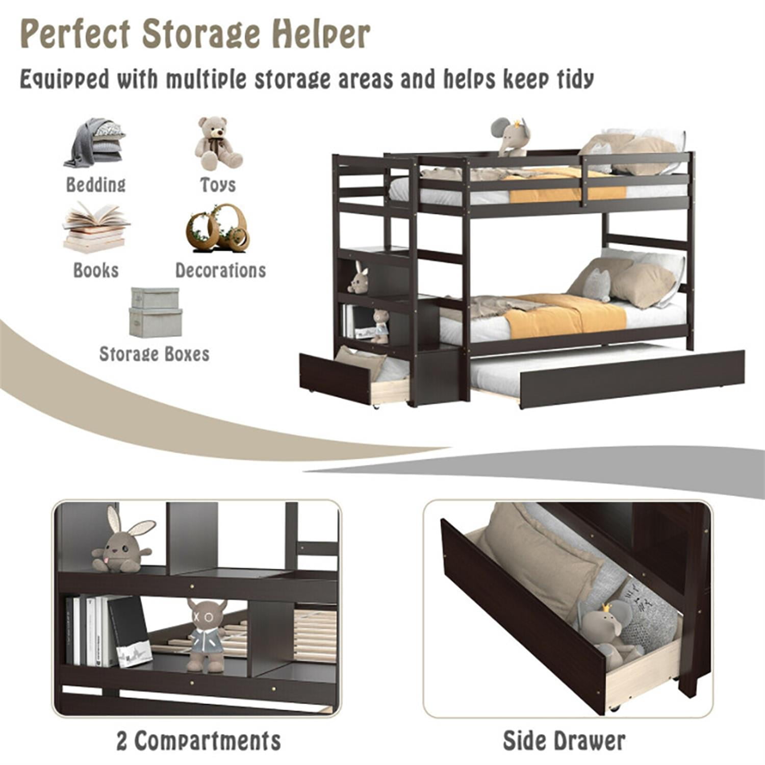 Demi Bonn Twin Pull-Out Bunk Beds with Ladder in the Steps and a Trundle, Bunk Bed Platform with Storage Shelf and Drawer, Brown