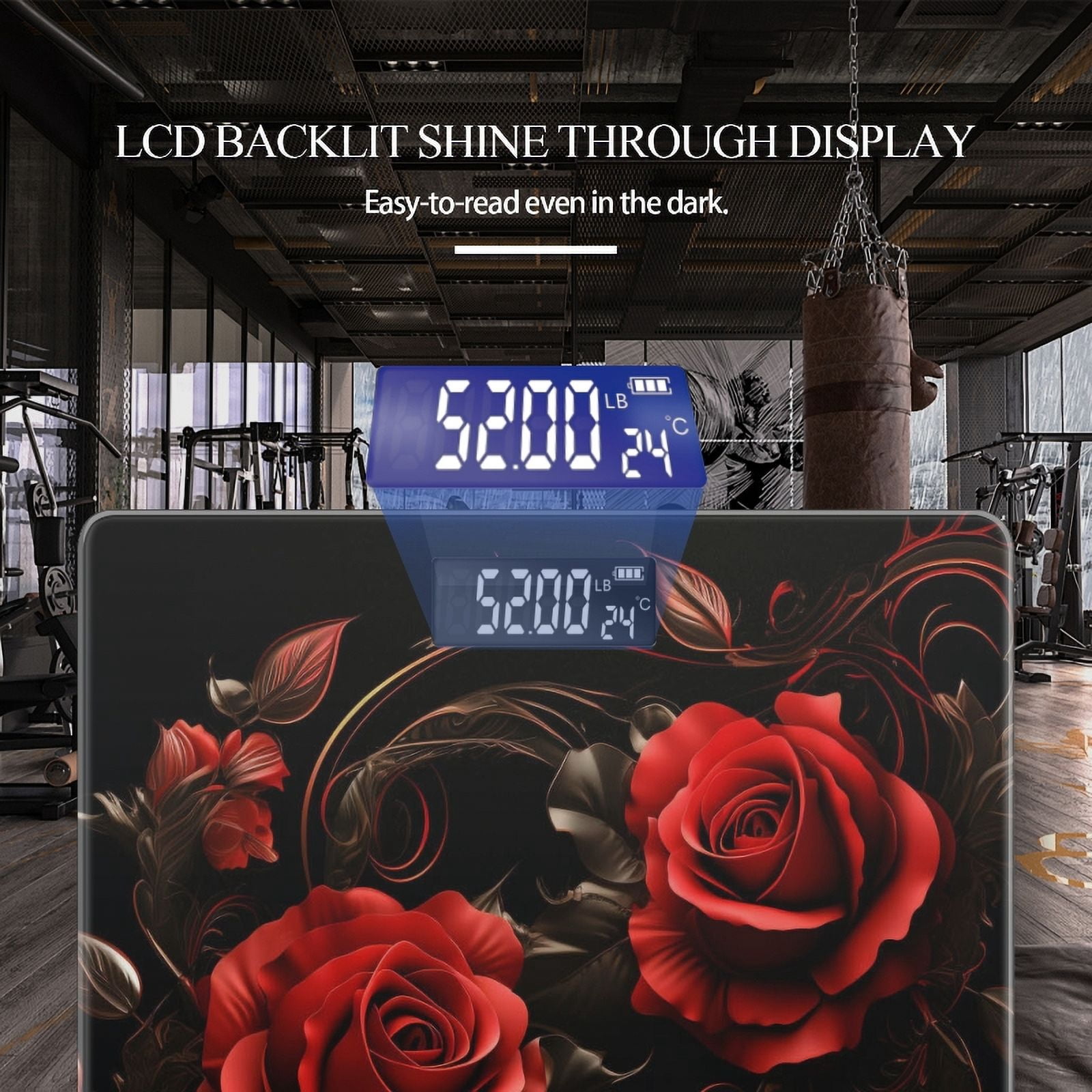 Bathroom Scale, Highly Accurate Digital Body Scale,Precisely Measures Weight up to 400 lbs-Render Of Red Roses With Swirls And Leaves On Black Background