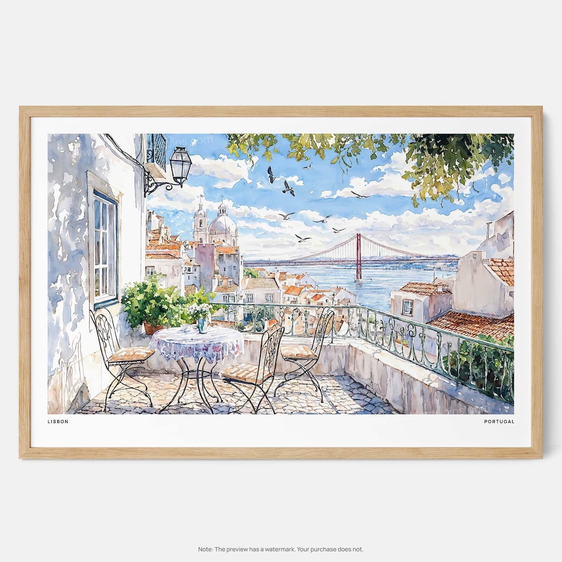 Lisbon Portugal Watercolor Travel Poster With Balcony And Bridge View