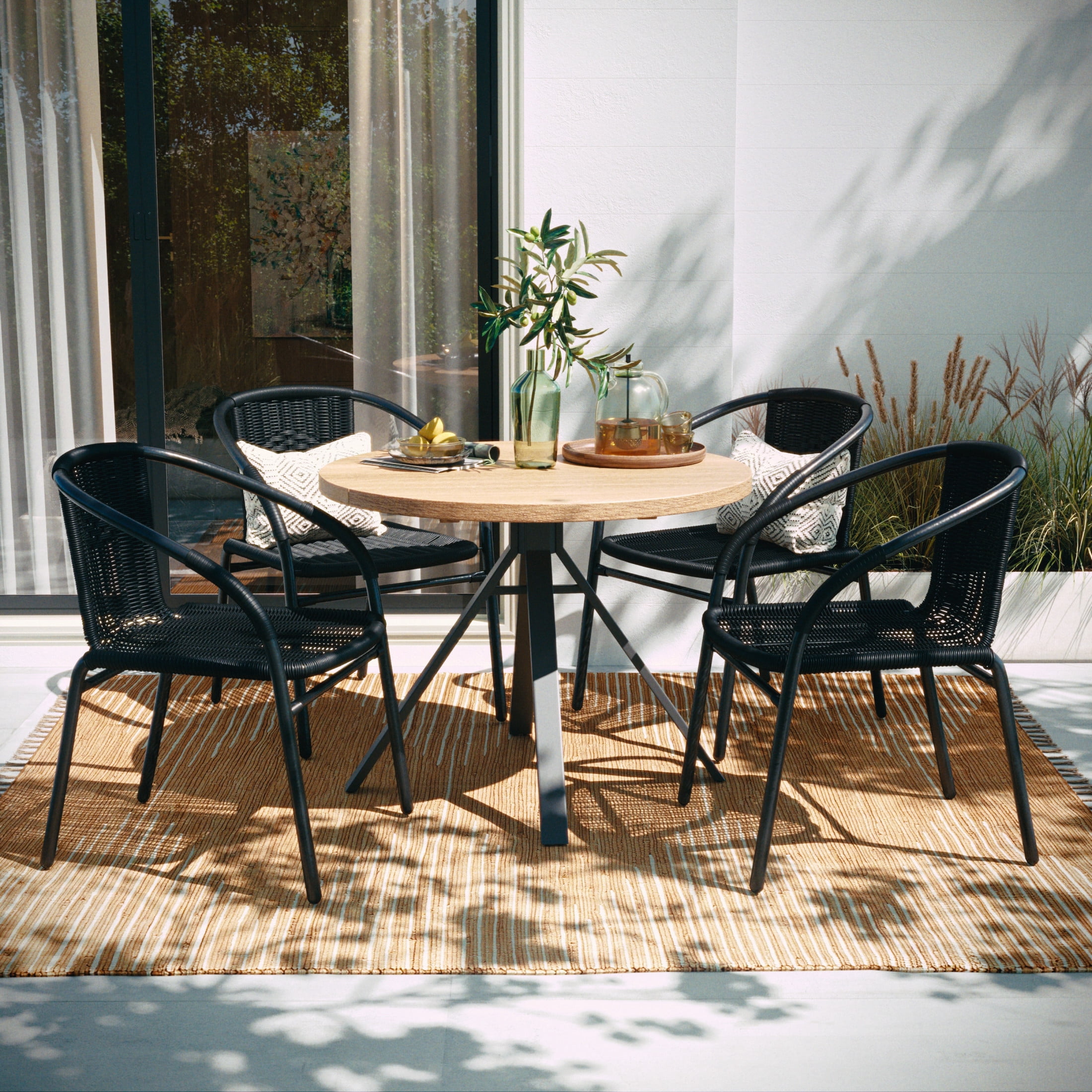 Flash Furniture Lila Indoor/Outdoor Stacking Rattan Patio Chairs, Set of 4, Black