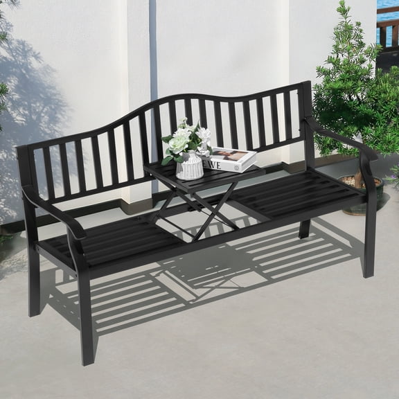 Nuu Garden Outdoor Bench for 2-Person, Patio Garden Bench with a Built-In Small Table, E-Coated Metal Frame for Porch, Lawn, Garden, Yard, Poolside, Black