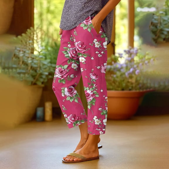 LEKWK Printed Linen Pants for Women Elastic Waist Casual Wide Leg Pants Lightweight Loose Fit Flowy Trousers with Pockets Beach Vacation Boho Loungewear
