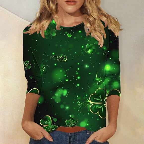 Mceream St Patty's Day Shirt Women 2026 Casual Plus Size Crew Neck 3/4 Sleeve Irish Clover Tees Funny Saint Patrick's Tunic Tops Graphic Summer Shirts Green L