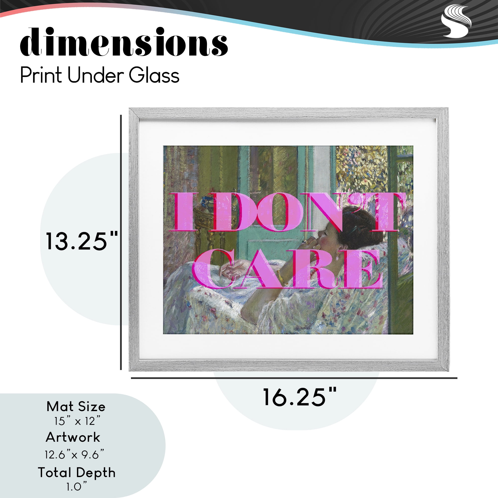 I Don't Care over Classic Painting Gray Framed Print Under Glass, design by Lil' Rue