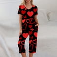 thumbnail image 2 of Garbnen Womens Valentine Pajama Set V Neck Short Sleeve Sleepwear Topand Capri Pants Love Heart Print Womens Pajama Sets with Pockets, 2 of 7