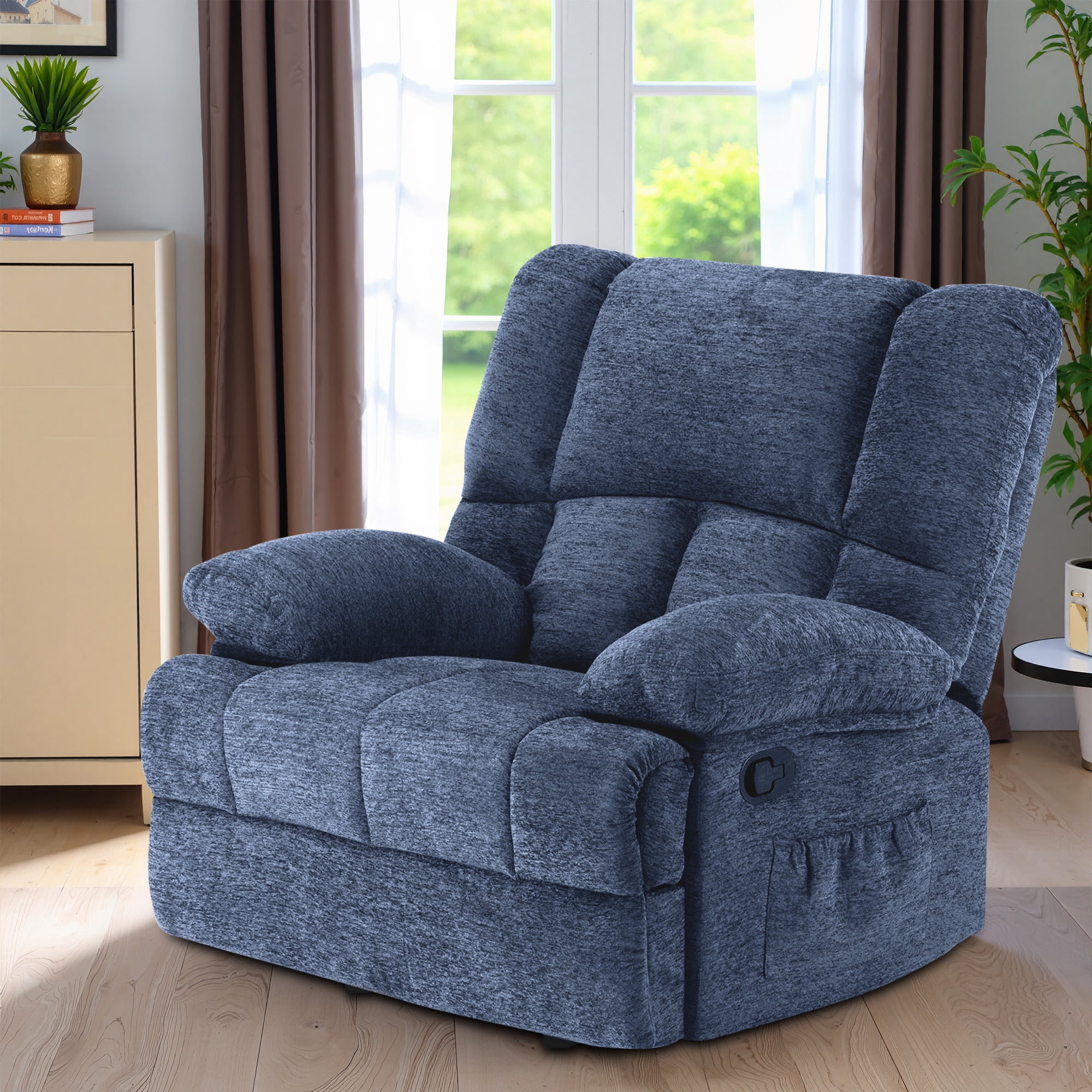 MAYEERTY Blue Oversized Rocking Recliner Sofa for Adults, Chenille, Ergonomic, Perfect for Living Room