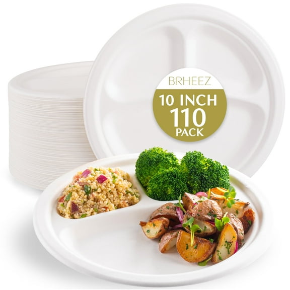 Brheez Heavy Duty Round 3-Compartment Disposable Plates - 100% Biodegradable & Compostable Sugarcane, 10", 110-pack
