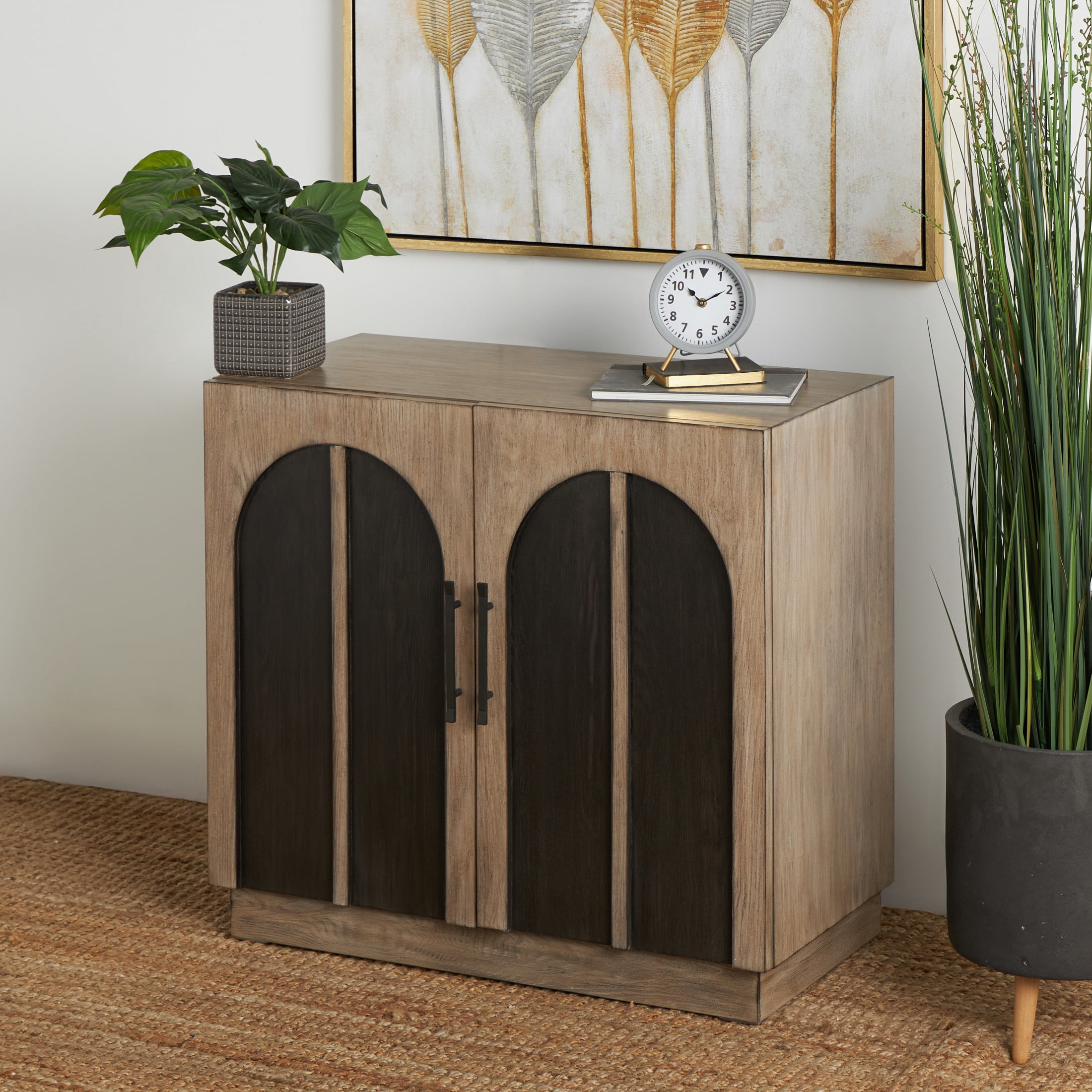 DecMode 35" x 33" Gray Wooden Washed 2 Door Cabinet with Black Split Arches and Metal Bar Handles, 1-Piece