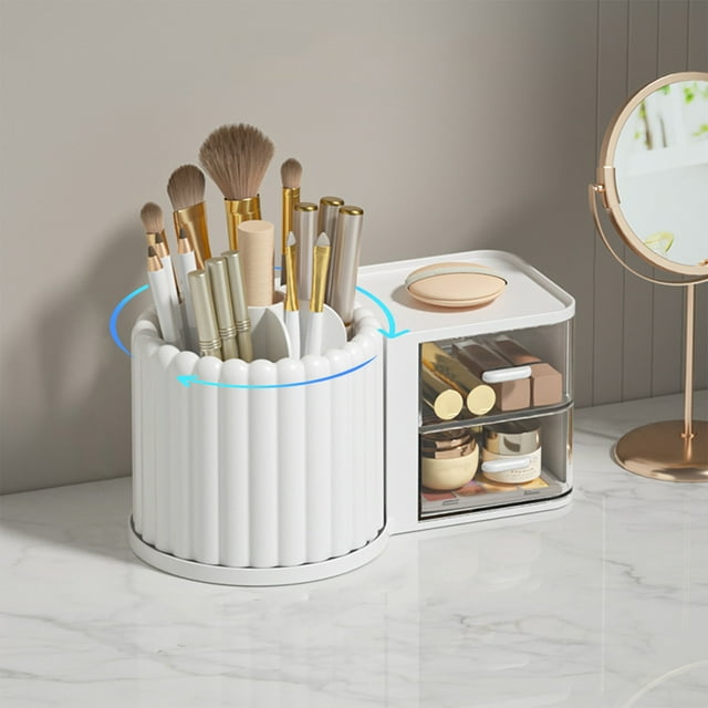 Wzzjkit Rotating Makeup Organizer Countertop Large Cosmetic Organizer Countertop Bathroom Cosmetic Storage with Brush Vanity Make Up Organizer Caddy