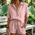 thumbnail image 2 of Linen Lounge Short Sets for Women Summer Two Piece Shorts and Short Sleeve Top Matching Sets Casual Beach Outfits Pink S, 2 of 7