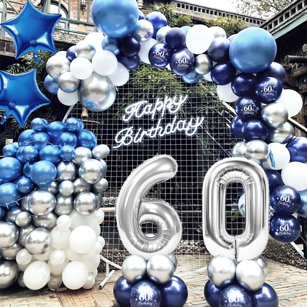 AYUQI Navy Blue 60th Birthday Decorations for Men Navy Blue Silver Happy 60th Birthday Blue Silver 60th Birthday Balloons with Happy Birthday Banner for Father 60 Years Old Birthday Party Supplies